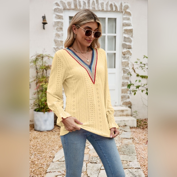 Eyelet Flounce Sleeve V-Neck Blouse - Picture 4 of 4